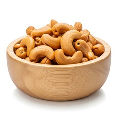Roasted cashews in wooden bowl isolated on white background