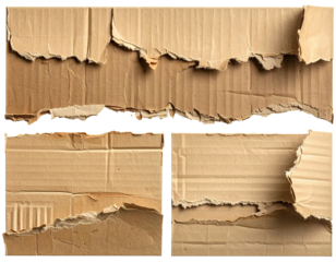 Ripped cardboard texture, a close-up showing various torn sections of a cardboard box
