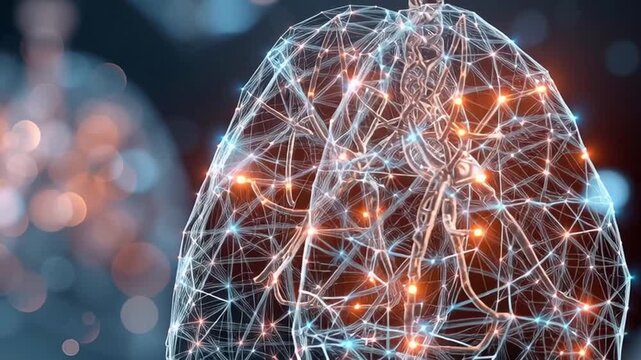 Digital lung network glowing wireframe structure, futuristic medical technology, abstract respiratory system innovation, digital network system