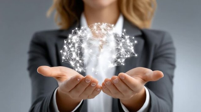 Embracing Innovation: A businesswoman cradles a luminous brain-shaped network in her hands, symbolizing the fusion of business acumen and cutting-edge technology.