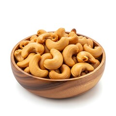 Roasted cashews in wooden bowl isolated on white background
