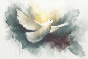 Pentecost background with flying dove. Watercolor painting.