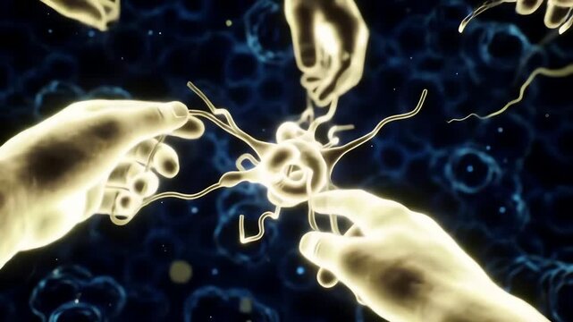 Enzymes folding proteins, glowing hands sculpting strands into intricate life-shapes like living origami