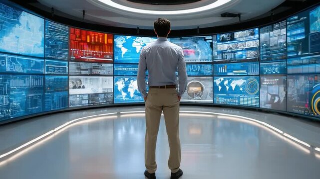 Man gazing at a Data Visualization: A man, centered and composed, looks out at a dynamic array of screens filled with intricate data visualizations.