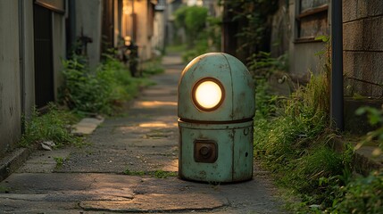 Futuristic Robot in Alleyway Lighting the Way in a Japanese Town.