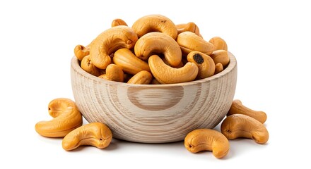 Roasted cashews in wooden bowl isolated on white background