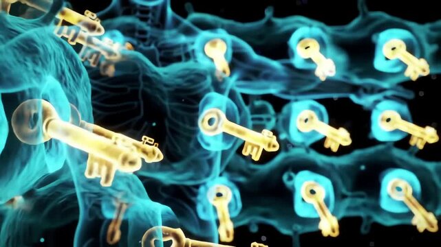 Enzymes visualized as radiant keys unlocking molecular doors across the body, each key glowing with the light of life