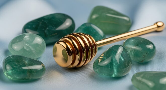 Polished Green Gemstones and Golden Honey Dipper on Fabric