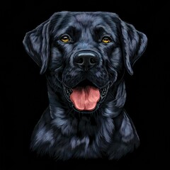 Obraz premium A detailed illustration of a black Labrador Retriever dog with its tongue out, set against a solid black background