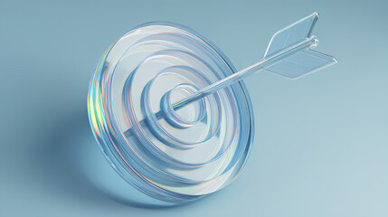 Minimal 3D icon of transparent glass style target with arrow, symbolizing accuracy, goal achievement, focus, and business objectives in modern digital context Stock Illustration