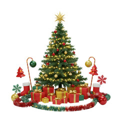 Christmas tree decorated with presents garlands and ornaments on transparent background