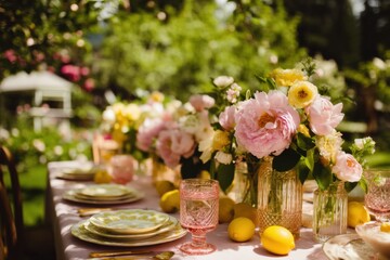 Elegant outdoor table setting with floral centerpieces, lemons, and pastel plates in a lush garden atmosphere