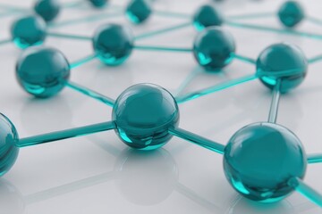 Glossy blue spheres connected by lines illustrate a network or molecular structure on a white background