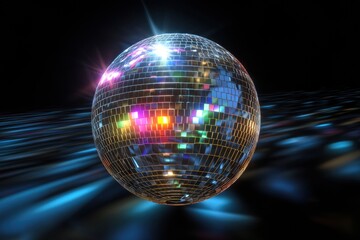 A shiny disco ball reflects colorful lights on a dark background, creating a vibrant and energetic party atmosphere