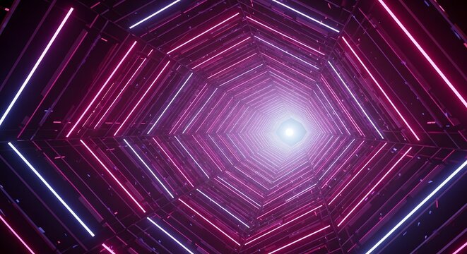 Abstract neon tunnel with vibrant pink and purple lights creating a futuristic and mesmerizing effect.