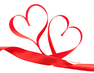 Two intertwined red hearts formed by ribbon, with a flowing ribbon in the foreground