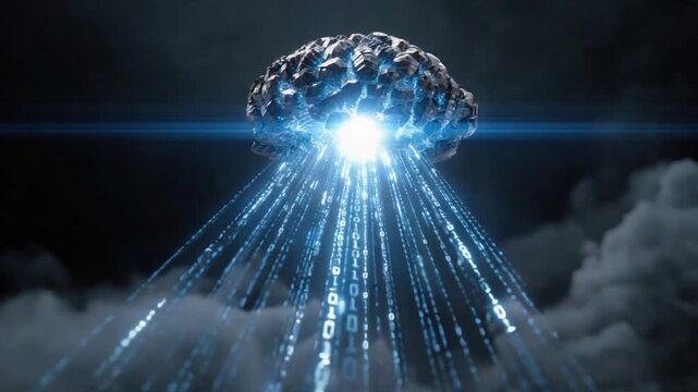 Brain cloud innovation: The image displays a stylized, digital brain emerging from fluffy clouds, representing innovation and data, casting brilliant blue rays towards a dark, cinematic sky.