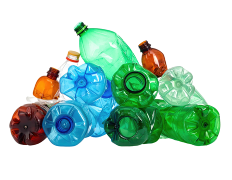 Pile of assorted plastic bottles and containers of various colors