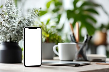 Smartphone on a desk with a blank screen in front view