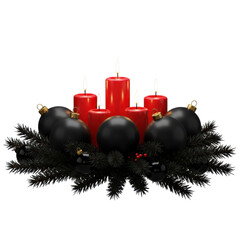 Christmas wreath with red candles and black ornaments decorative arrangement