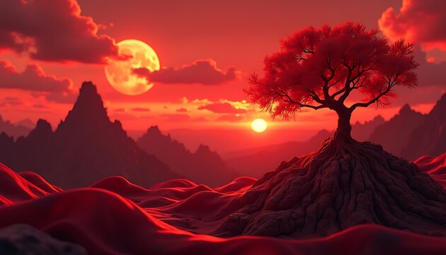 Tree Silhouette at Sunset with Mountains and Full Moon in Red Tones