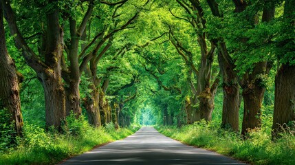 Naklejka premium Scenic Tree Lined Road Through Lush Green Canopy