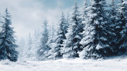 Fototapeta premium A serene snow covered evergreen forest landscape under a soft cloudy winter sky