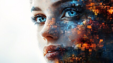 A conceptual close-up of a woman's face with striking blue eyes, partially disintegrating into a futuristic cloud of glowing digital pixels and data