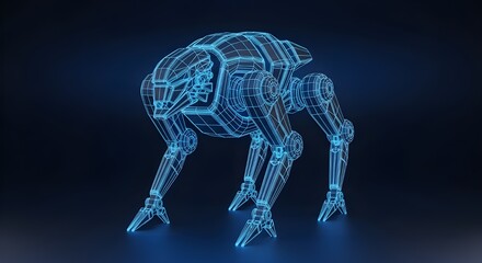 Aggressive looking robot wireframe in blue neon on dark background futuristic technology