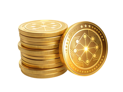 Stack of Gold Cryptocurrency Coins with Detailed Emblem cutout png isolated on a transparent background - Powered by Adobe