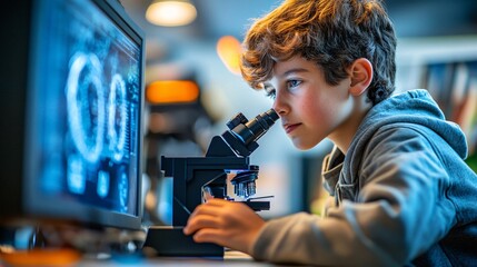 A curious young boy delves into the microscopic world using a modern microscope connected to a computer, symbolizing the future of STEM education and scientific discovery