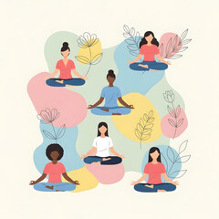 Diverse group of women meditating peacefully in a serene setting with abstract floral elements.