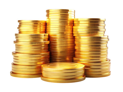 Stacked Piles of Shiny Gold Coins money wealth cutout png isolated on a transparent background