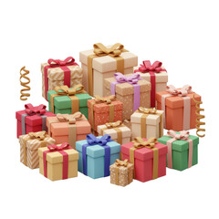 Colorful gift boxes pile with assorted patterns and ribbons