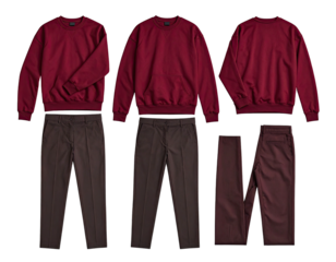 Three maroon sweatshirts and matching dark brown trousers laid out flat