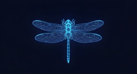 Blue Wireframe Dragonfly 3D Model on Dark Background insect