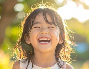 大きな笑顔で笑う女の子（夏の屋外・自然な表情）