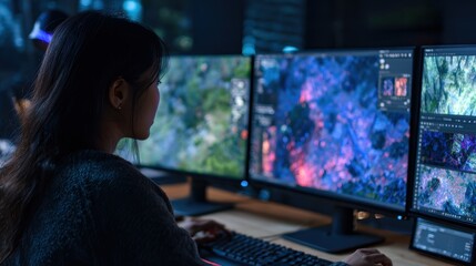 South East Asian woman game developer designing virtual worlds on powerful workstation, colorful game assets on multiple monitors, perfect for women gaming industry concept.