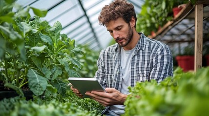 Young farmer using a digital tablet in a modern greenhouse