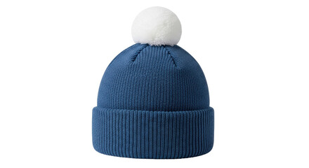 Isolated beanie hat with pompom, a knitted cap for winter with a turn-up and knitted texture