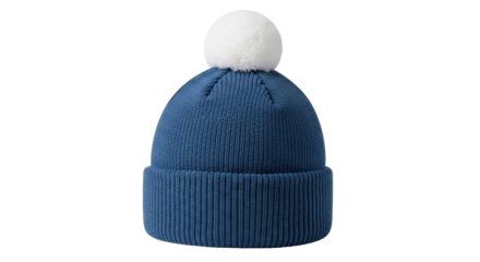 Isolated beanie hat with pompom, a knitted cap for winter with a turn-up and knitted texture