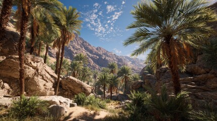 Fototapeta premium Diverse palm trees in an oasis surrounded by desert mountains.