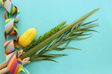 Jewish festival of Sukkot. Traditional symbols (The four species): Etrog (citron), lulav (palm branch), hadas (myrtle), arava (willow) © tomertu