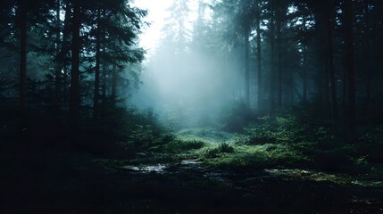 Fototapeta premium Deep forest clearing with atmospheric fog and natural sunlight