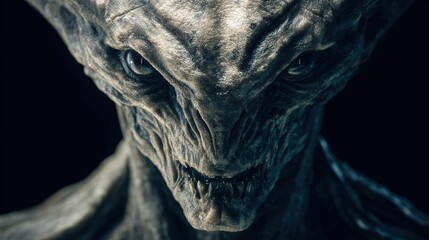 Terrifying alien creature with slimy textured skin and razor sharp teeth emerging from dark shadows in futuristic sci fi horror scene for Halloween themed. Terrifying extraterrestrial creature.