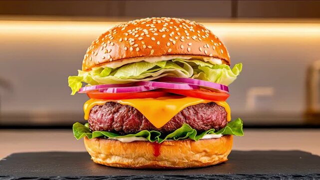 Gourmet cheeseburger with fresh ingredients close-up