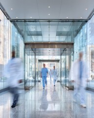 Modern healthcare facility entrance with floor to ceiling glass architecture and medical professionals in motion blur rushing through automatic transparent doors at urban hospital.