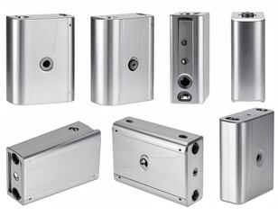 Multiple views of metallic, rectangular enclosures, likely industrial components