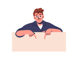 Obraz na płótnie Canvas Man pointing down, peeping from behind banner, advertising board. Happy smiling male character peeking, gesturing with fingers, hands, promoting. Flat vector illustration isolated on white background.