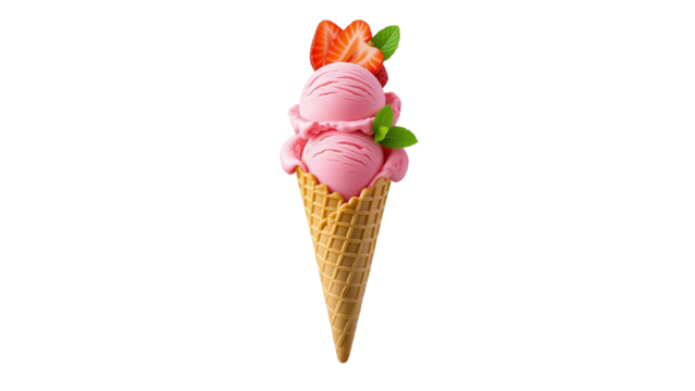 Double Scoop Strawberry Ice Cream Cone – Delicious Frozen Dessert Isolated on Transparent Background